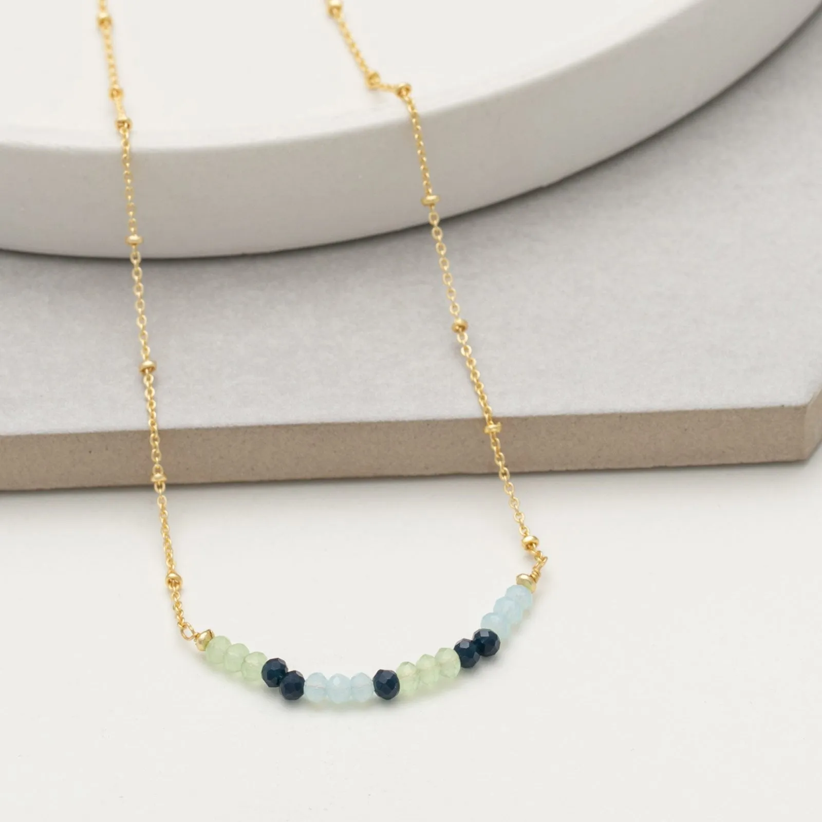 18 Inch 18K Gold Plated Lapiz Blue And Green Chalcedony Beaded Necklace