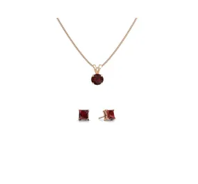 18K Rose Gold 1/2ct Garnet Round 18 Inch Necklace and Square Earrings Set Plated