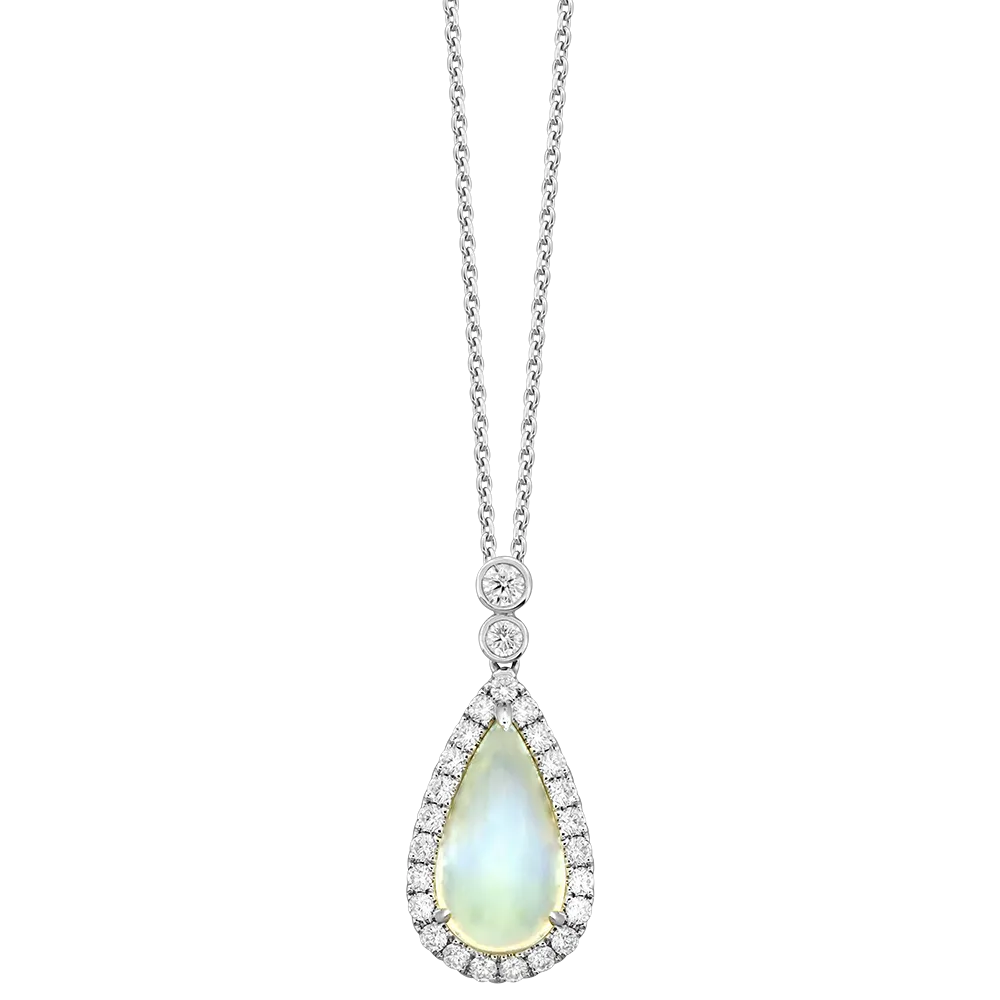 18K White Moonstone and Natural Diamond 17 inch Necklace