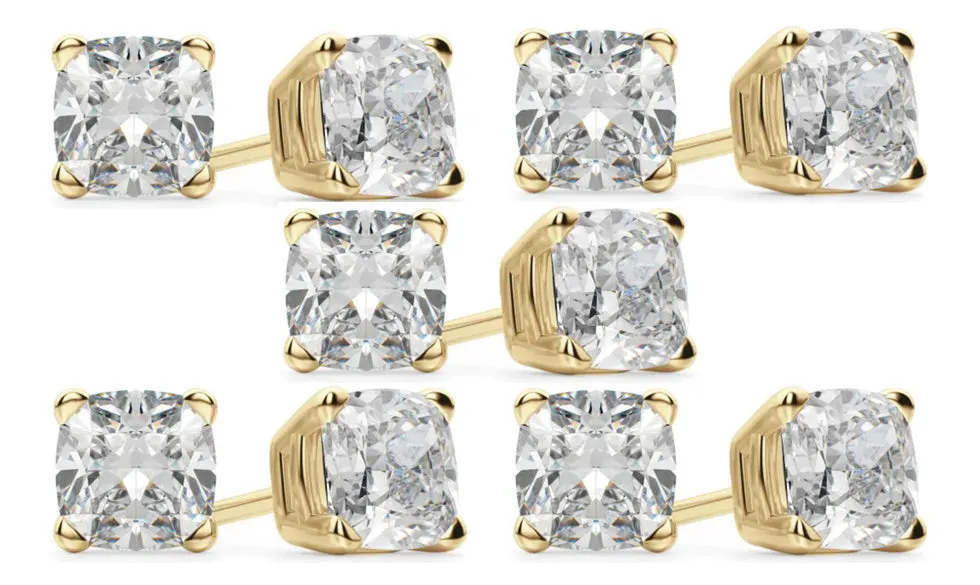18k Yellow Gold 6mm 4Ct Cushion Cut White Sapphire Set Of Five Stud Earrings Plated
