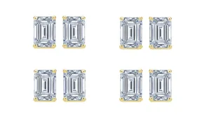 18k Yellow Gold 6mm 4Ct Emerald Cut White Sapphire Set Of Four Stud Earrings Plated