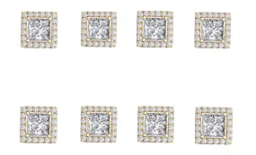 18k Yellow Gold Plated 4mm 3Ct Square Cut White Sapphire Set of Four Halo Stud Earrings