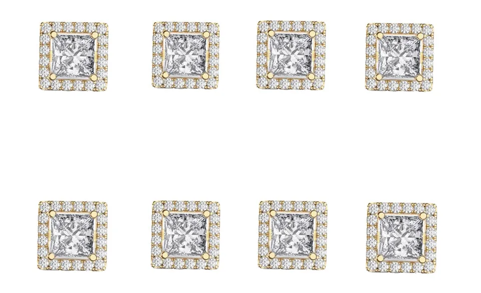 18k Yellow Gold Plated 4mm 3Ct Square Cut White Sapphire Set of Four Halo Stud Earrings