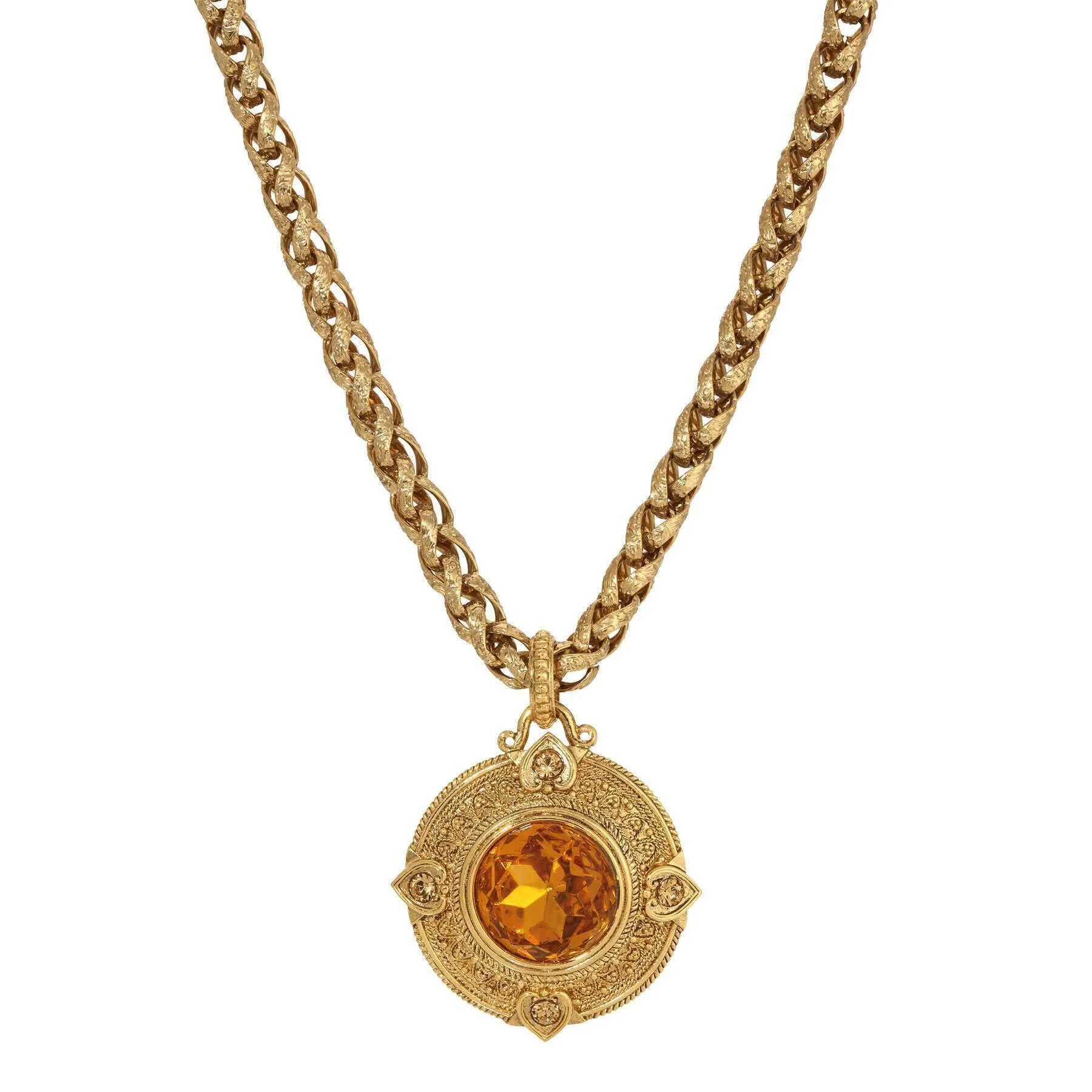 1928 Jewelry Heart & Topaz Crystals Round Pendant Necklace 16"   3" Extension
