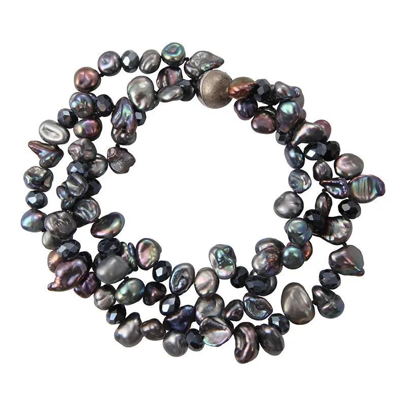 209-10 | 3-STRAND BLACK KESHI PEARL & CRYSTAL BRACELET