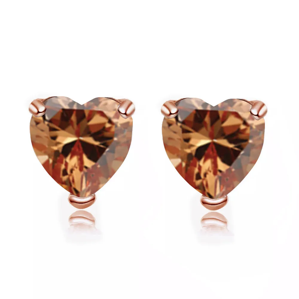 24k Rose Gold Plated 3 Carat Heart Created Citrine Sapphire Stud Earrings