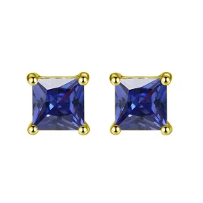 24k Yellow Gold Plated 2 Cttw Blue Sapphire Square Stud Earrings