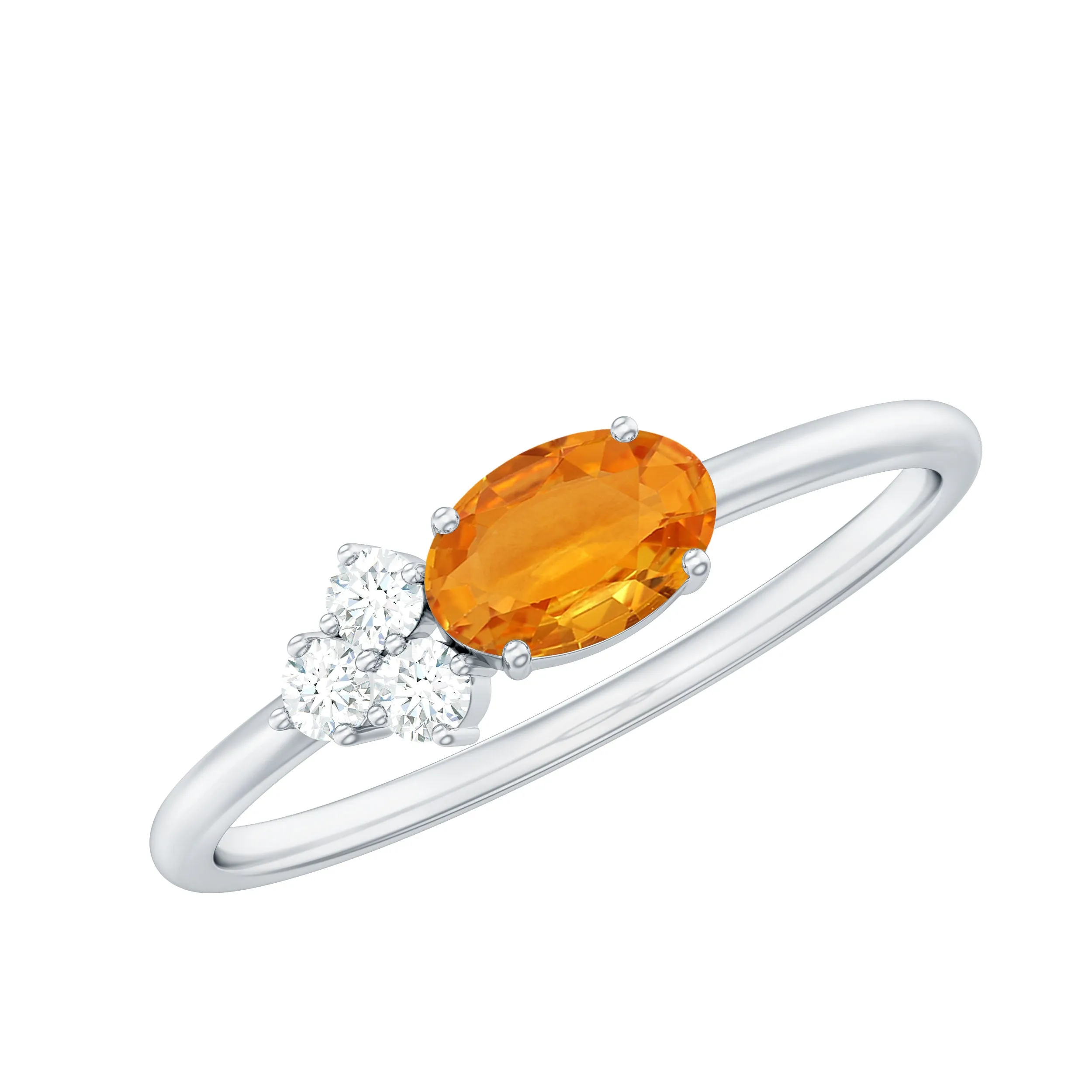 3/4 CT Oval Cut Orange Sapphire Promise Ring with Diamond Trio