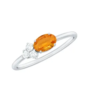 3/4 CT Oval Cut Orange Sapphire Promise Ring with Diamond Trio