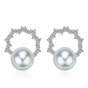 6-7mm Seawater Akoya Pearl & Cubic Zirconia Halo Stud Earrings