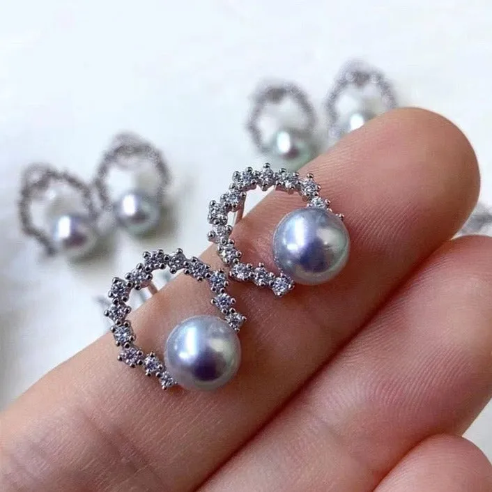 6-7mm Seawater Akoya Pearl & Cubic Zirconia Halo Stud Earrings