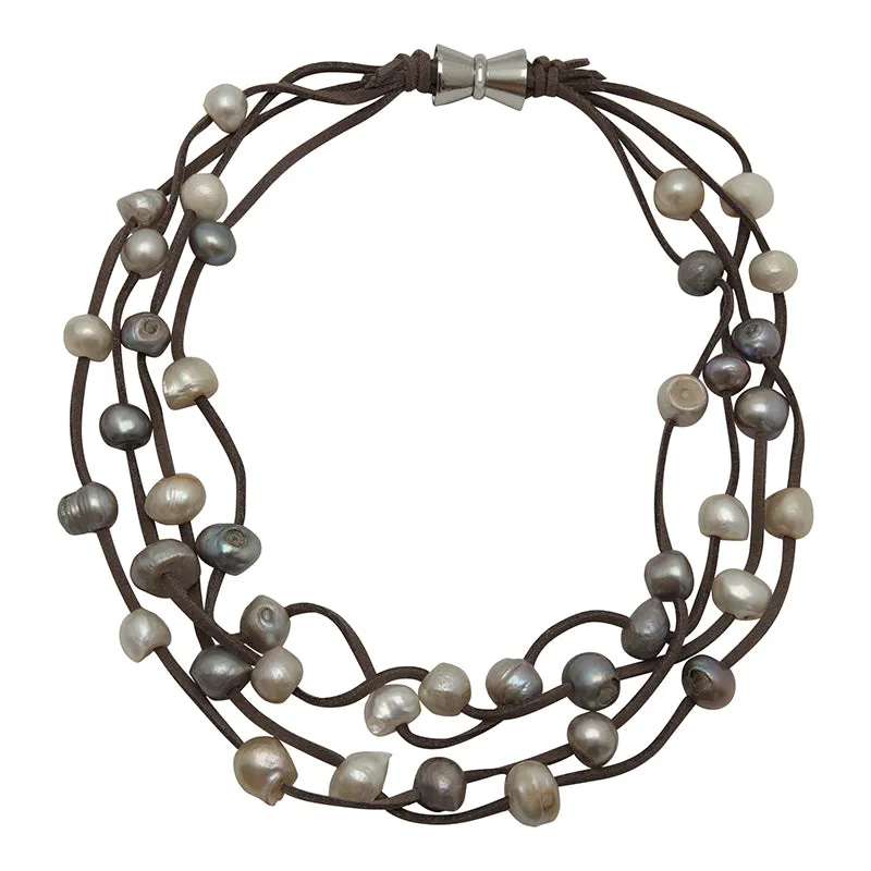 602-09-07 | GRAY SUEDE 4-STRAND MULTI PEARL NECKLACE