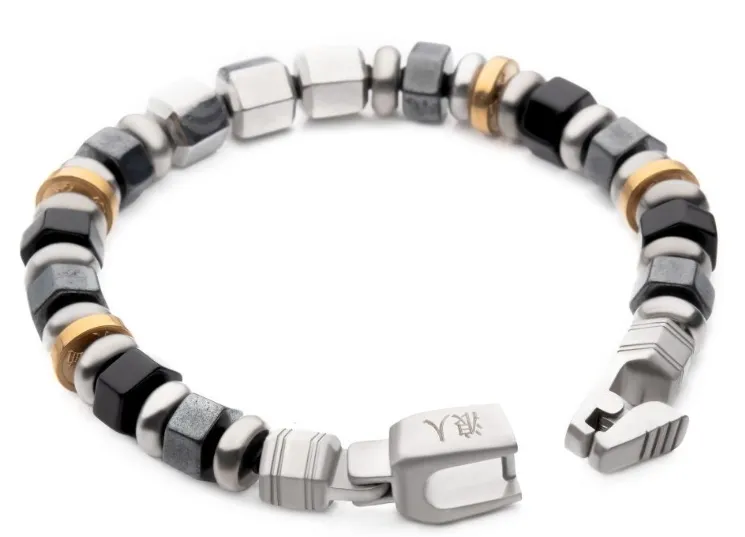 8.25'' St. St. Mokume Gane, Hematite & Onyx Bead Bracelet  RONIN: Self-Control