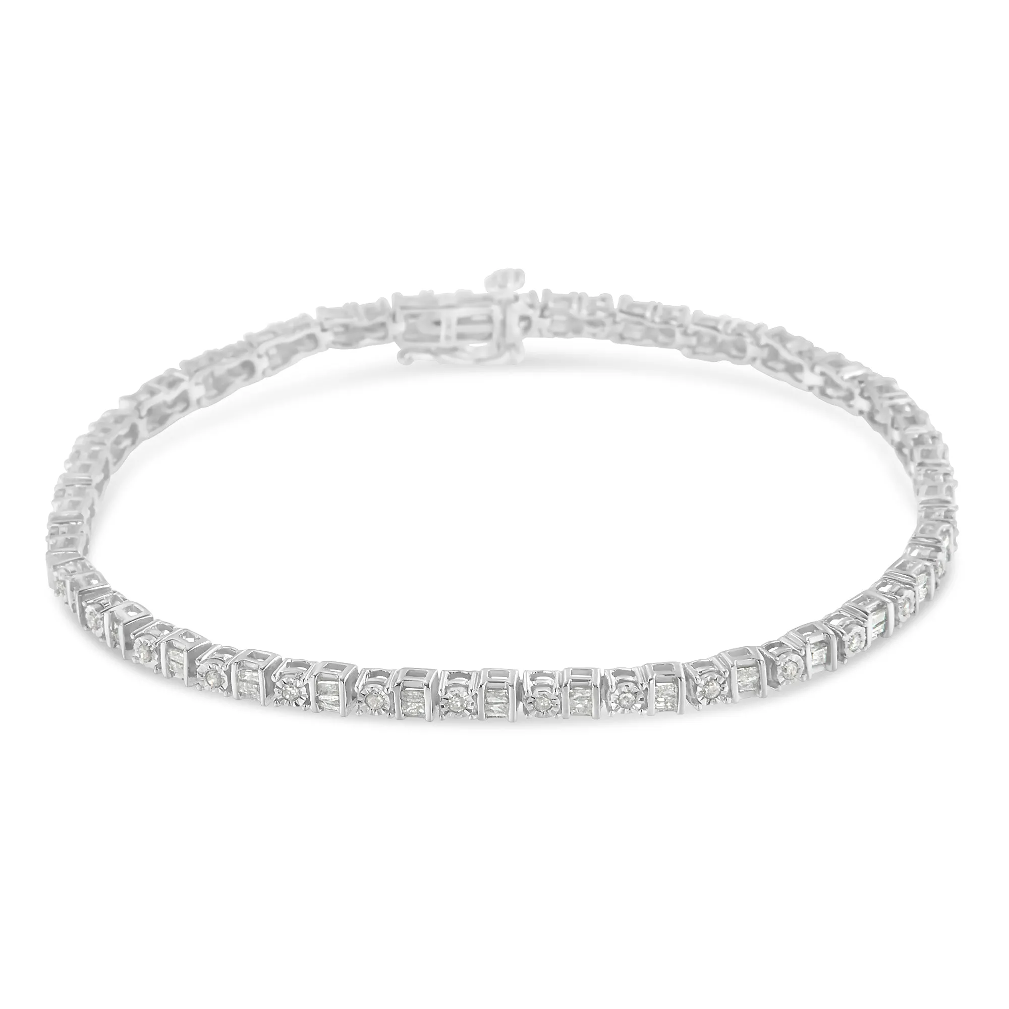 .925 Sterling Silver 1.0 Cttw Round & Baguette Cut Diamond 7" Alternating Round and Square Station Tennis Bracelet