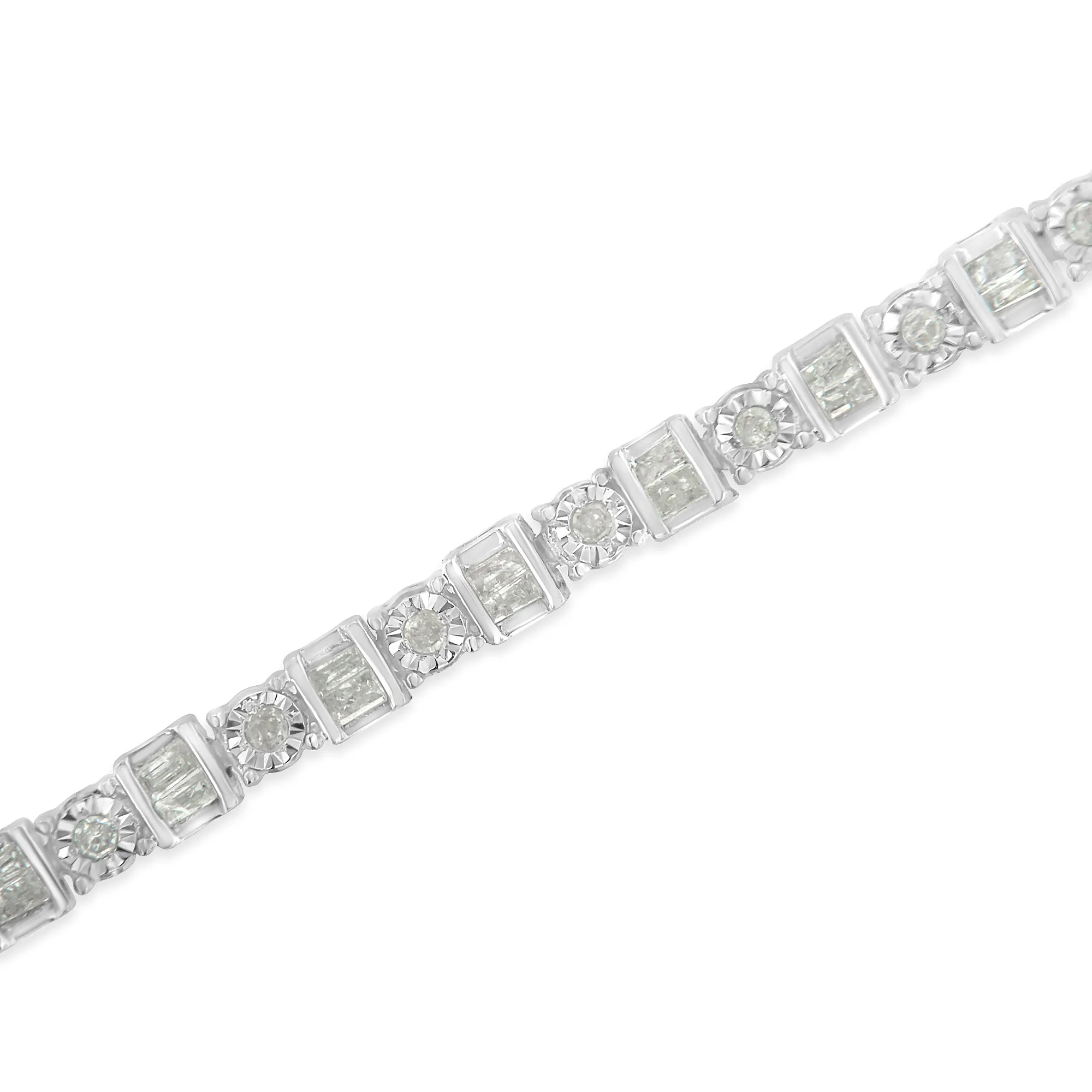 .925 Sterling Silver 1.0 Cttw Round & Baguette Cut Diamond 7" Alternating Round and Square Station Tennis Bracelet
