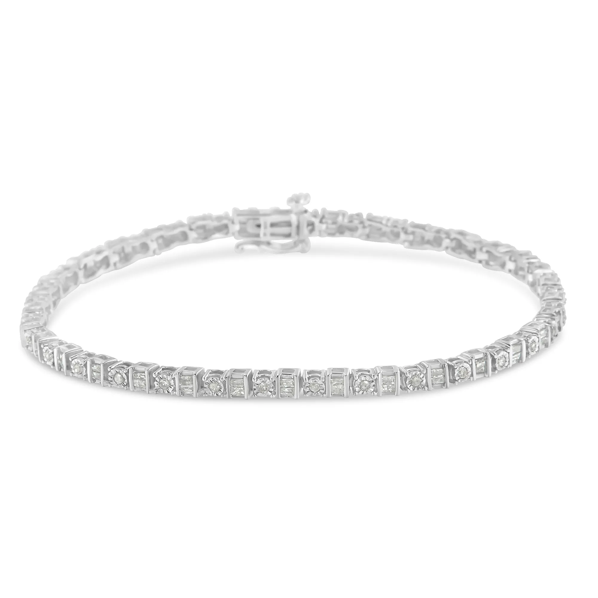 .925 Sterling Silver 1.0 Cttw Round & Baguette Cut Diamond 7" Alternating Round and Square Station Tennis Bracelet