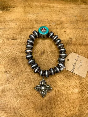 African wood bead Tibetan dangle stretch bracelet- turquoise stone