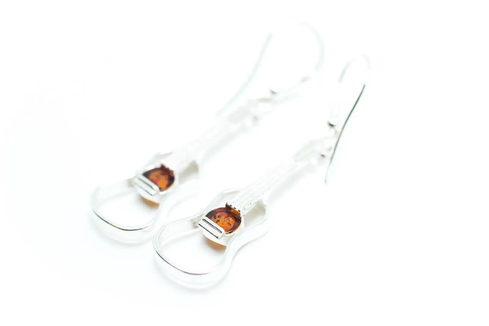 Amber & Silver Guitar Earrings - Handcrafted Sterling Silver with Baltic Amber Gemstone