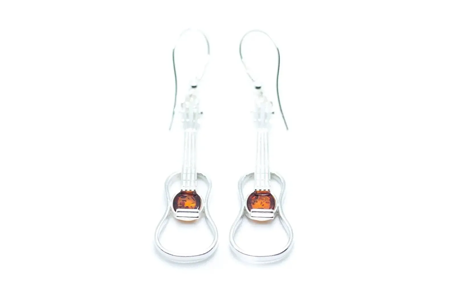 Amber & Silver Guitar Earrings - Handcrafted Sterling Silver with Baltic Amber Gemstone
