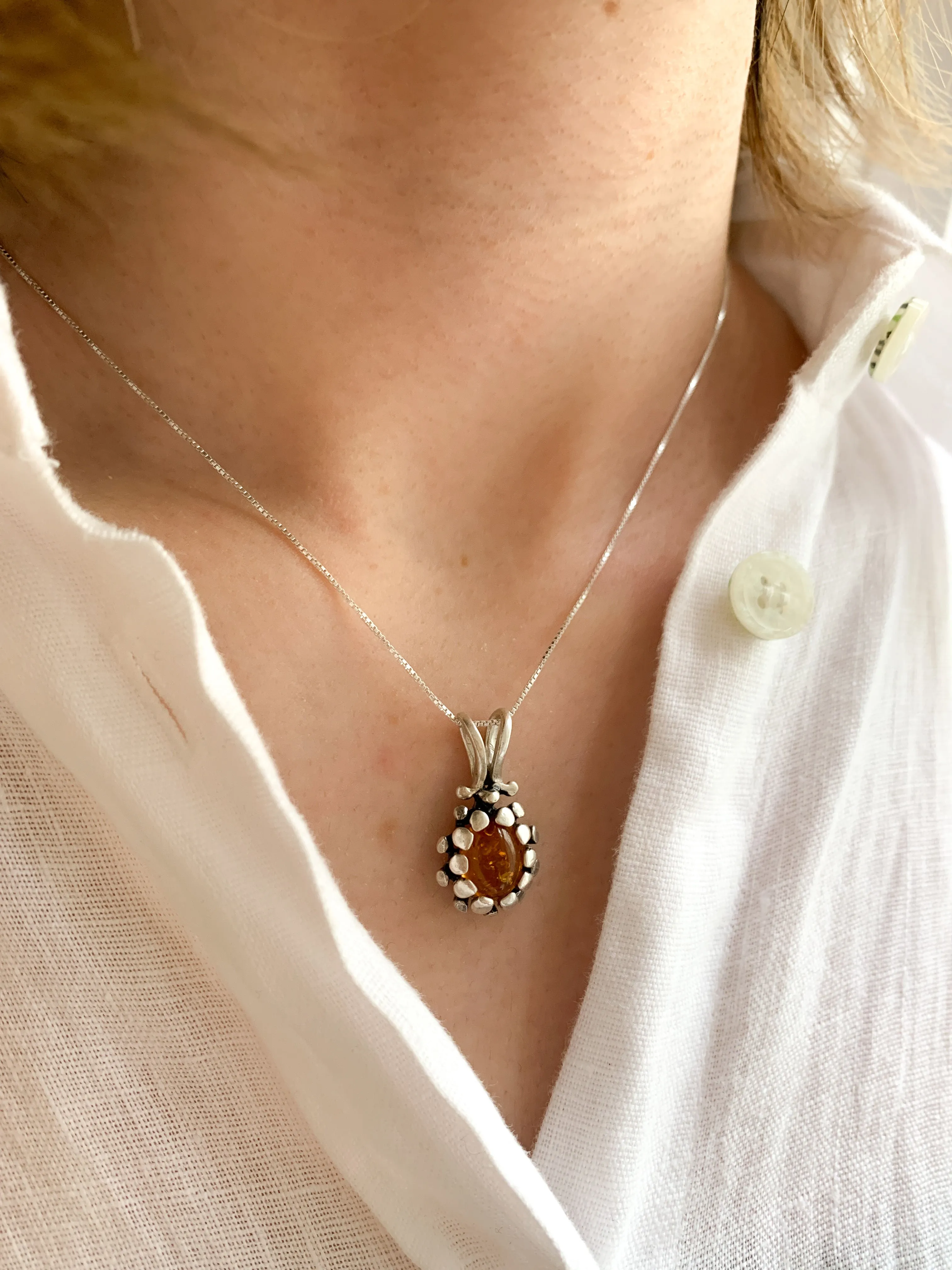 Amber Necklace - Natural Amber Necklace - Silver Vintage Pendant