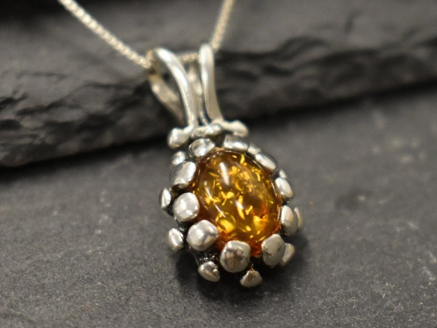 Amber Necklace - Natural Amber Necklace - Silver Vintage Pendant