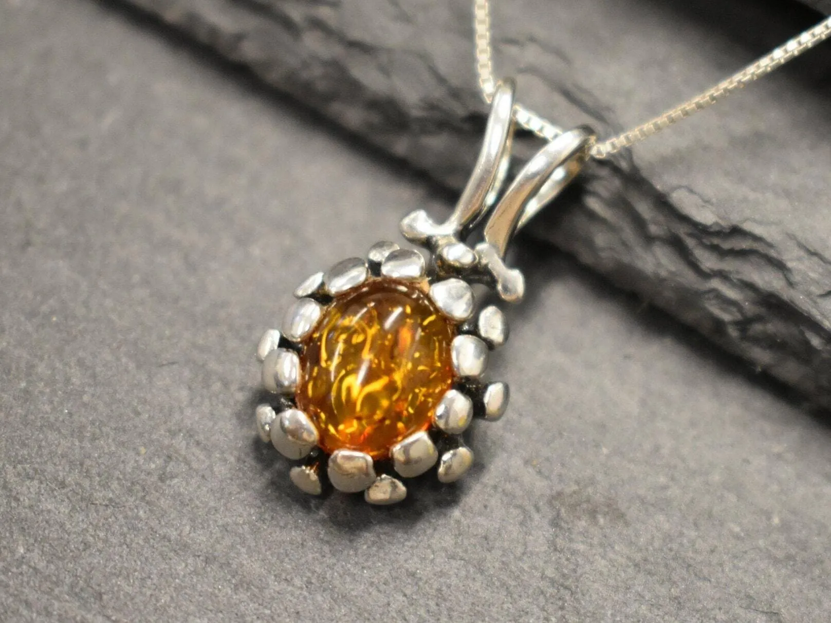 Amber Necklace - Natural Amber Necklace - Silver Vintage Pendant