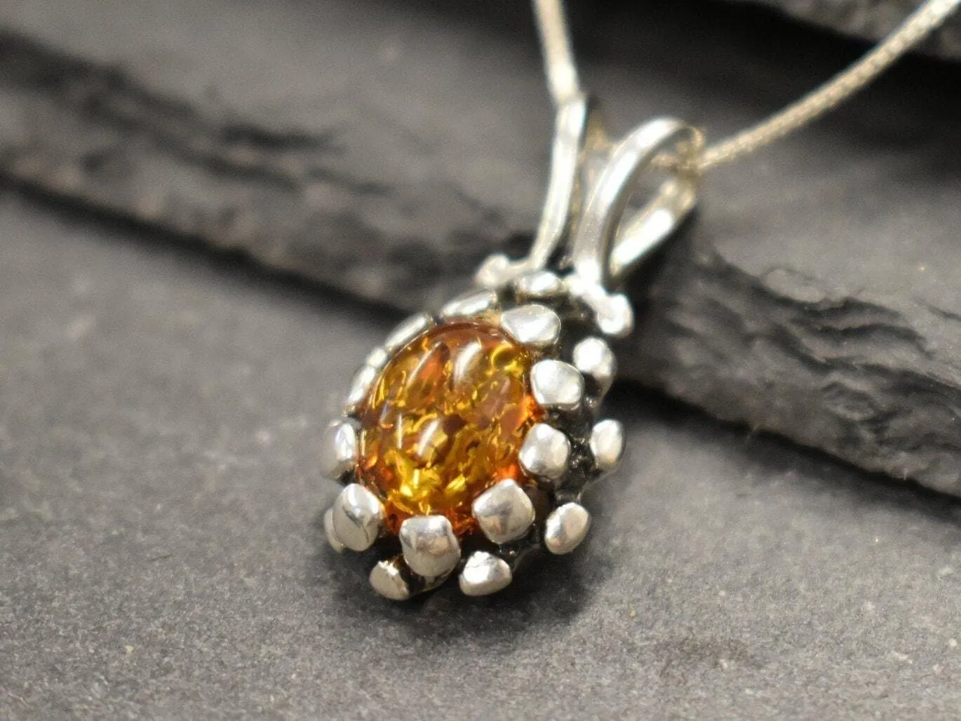 Amber Necklace - Natural Amber Necklace - Silver Vintage Pendant
