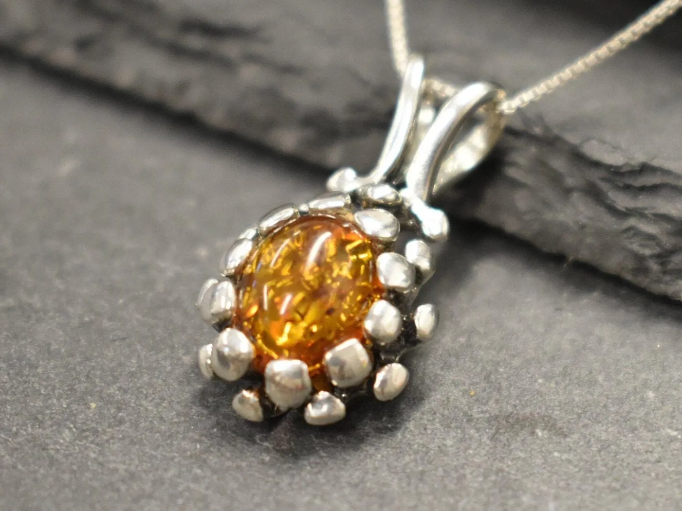Amber Necklace - Natural Amber Necklace - Silver Vintage Pendant