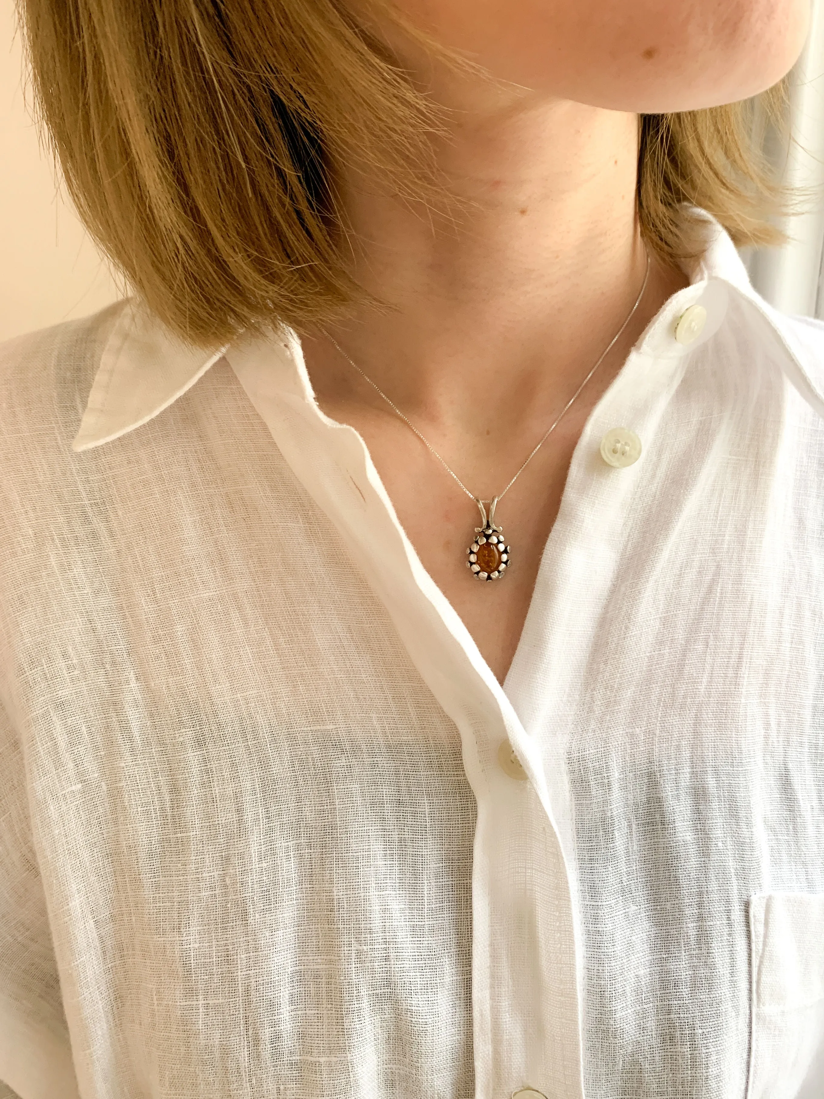 Amber Necklace - Natural Amber Necklace - Silver Vintage Pendant