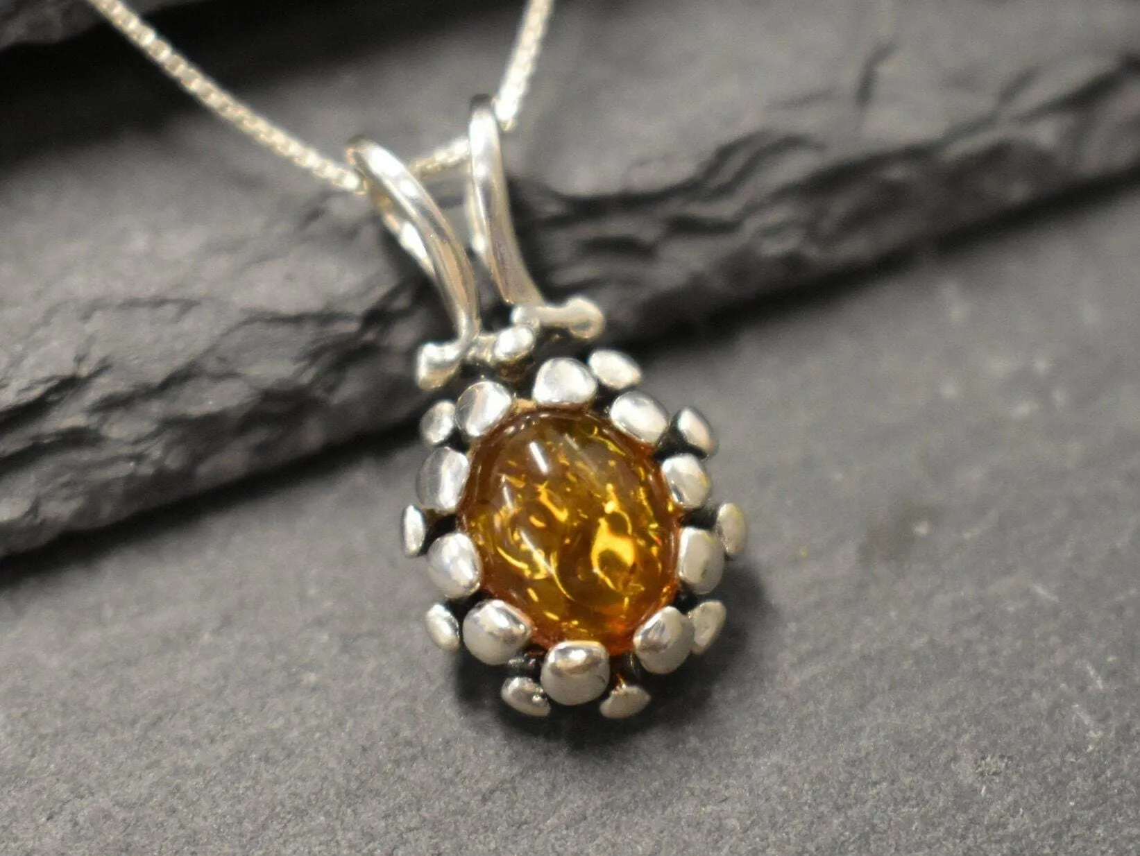 Amber Necklace - Natural Amber Necklace - Silver Vintage Pendant