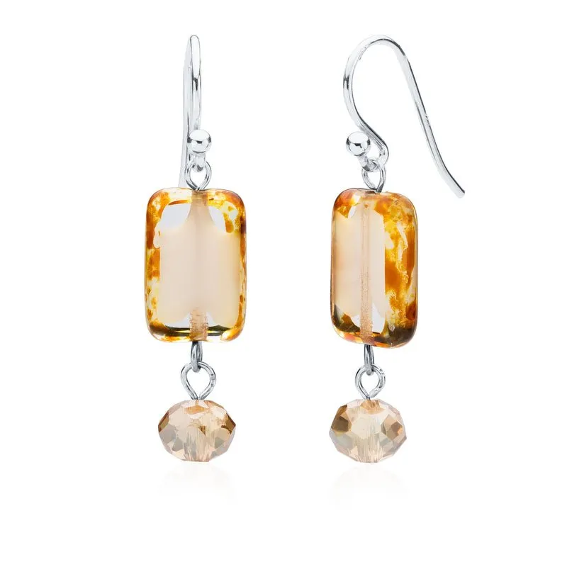Amber Tortoise Glass Beaded Crystal Dangle Earrings