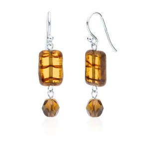Amber Tortoise Glass Beaded Crystal Dangle Earrings