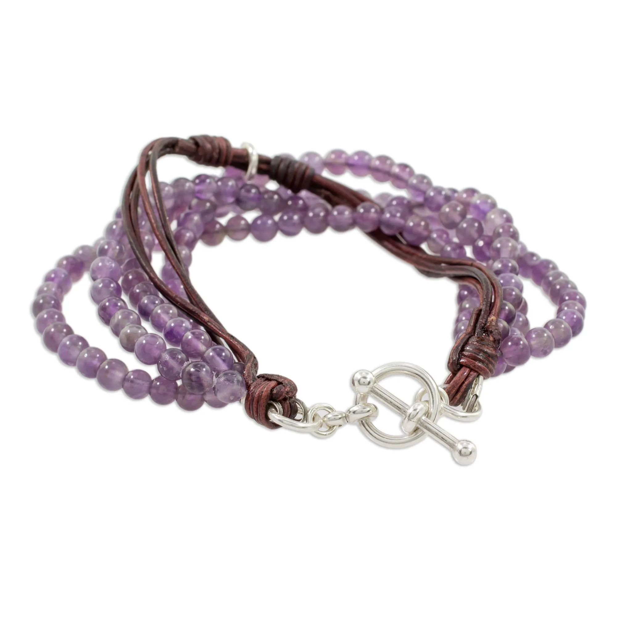Amethyst Leather and Fine Silver Beaded Wristband Bracelet - Feminine Sweetness | NOVICA