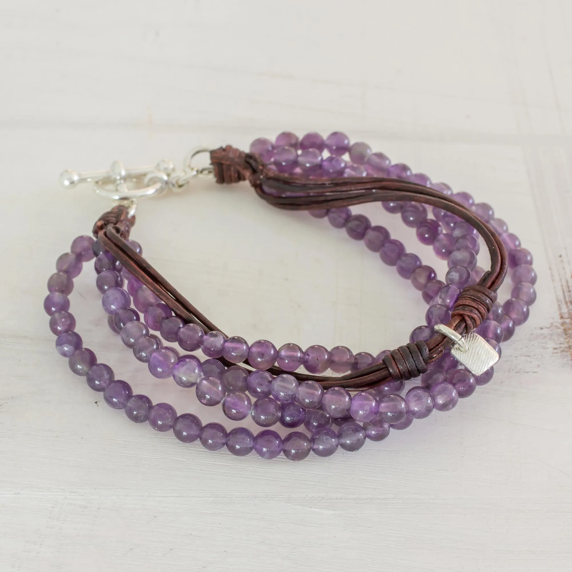 Amethyst Leather and Fine Silver Beaded Wristband Bracelet - Feminine Sweetness | NOVICA