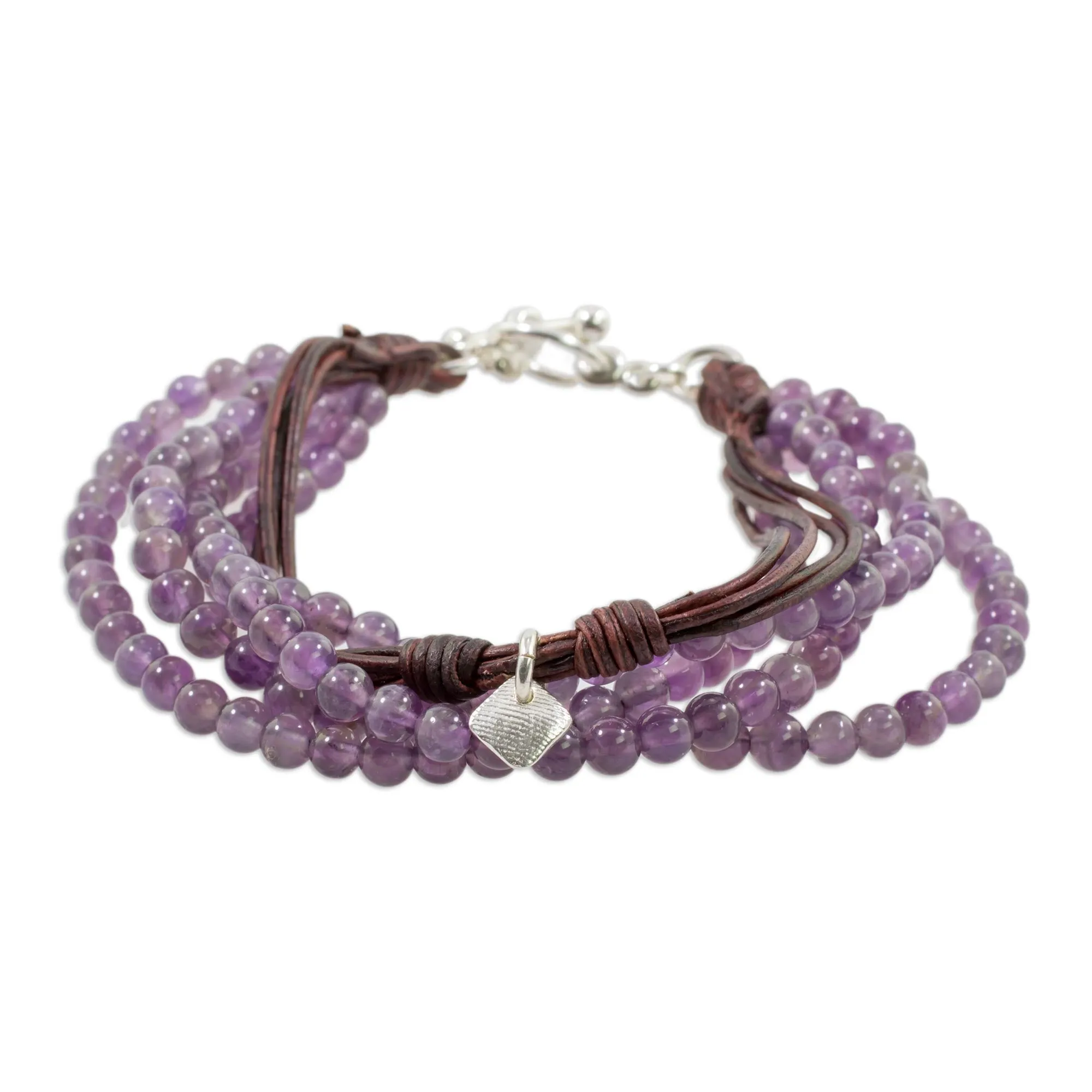 Amethyst Leather and Fine Silver Beaded Wristband Bracelet - Feminine Sweetness | NOVICA