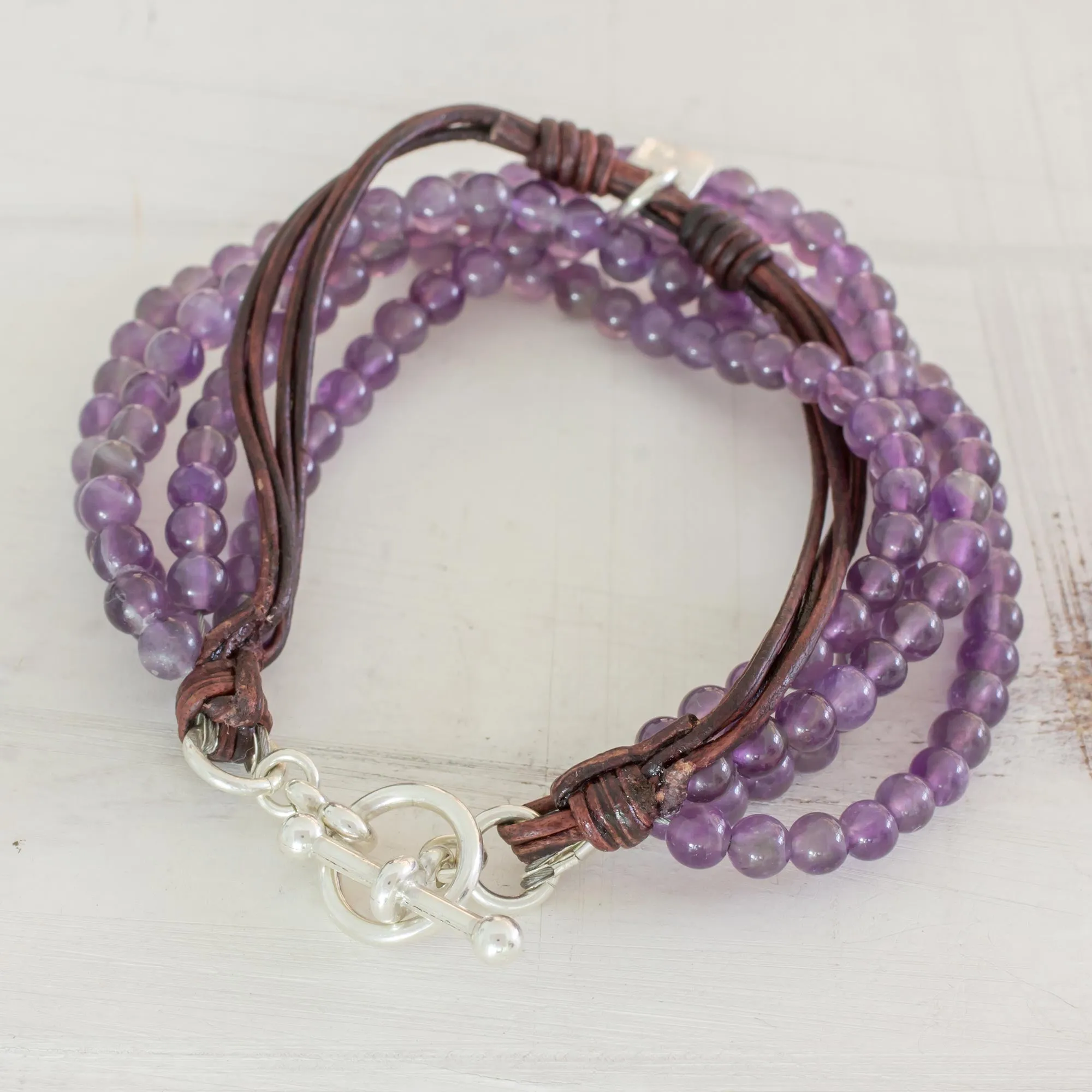 Amethyst Leather and Fine Silver Beaded Wristband Bracelet - Feminine Sweetness | NOVICA