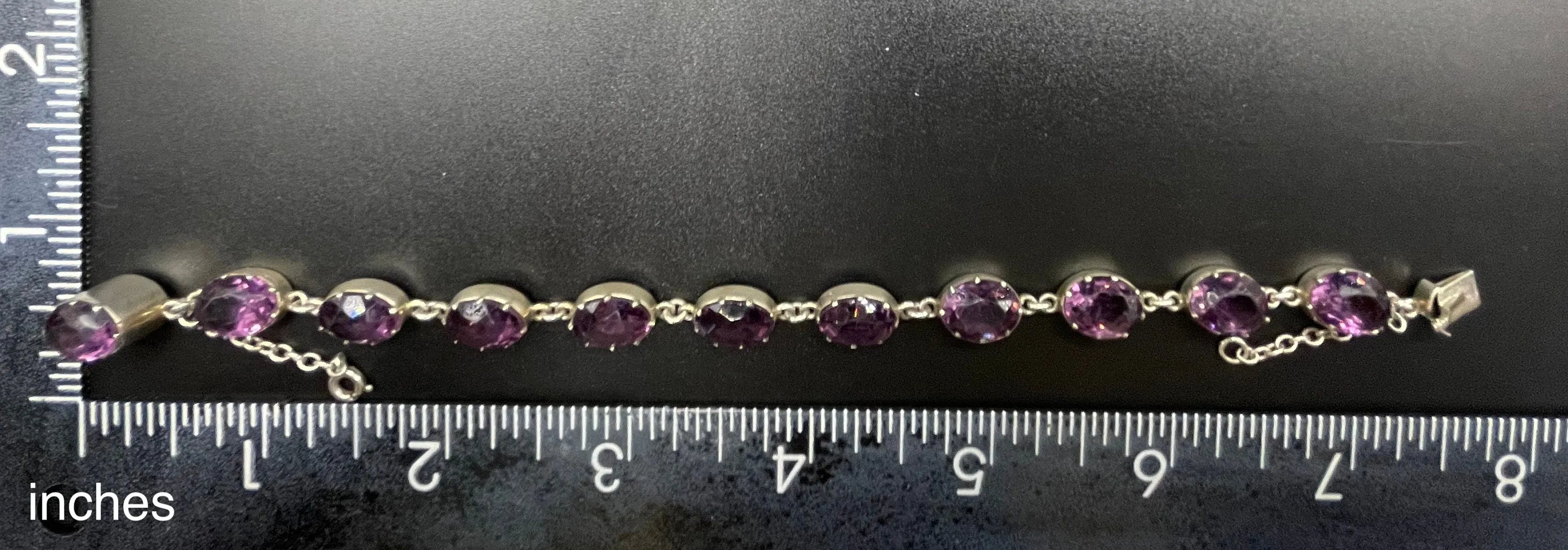 Antique fine sterling silver and amethyst paste collet set riviere style bracelet, bezel set, open backed large, oval purple stones, in box