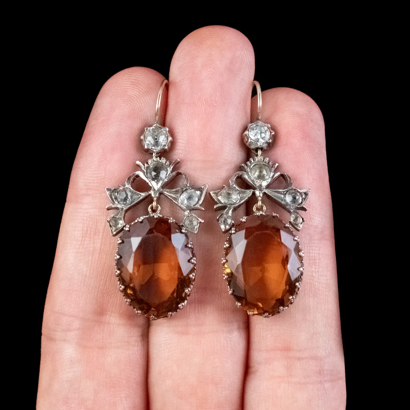 Antique Victorian Citrine Paste Earrings Silver Circa 1880