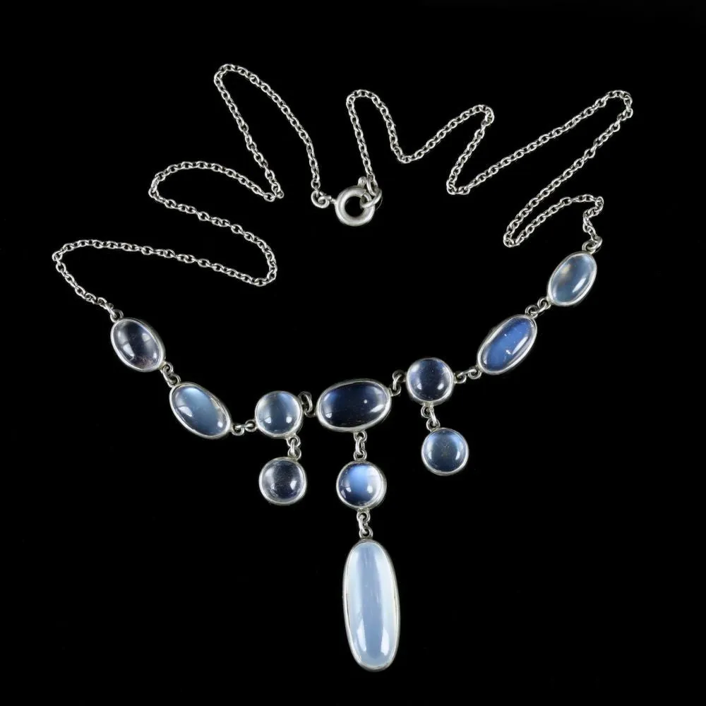 Antique Victorian Moonstone Dropper Necklace Silver Circa 1900