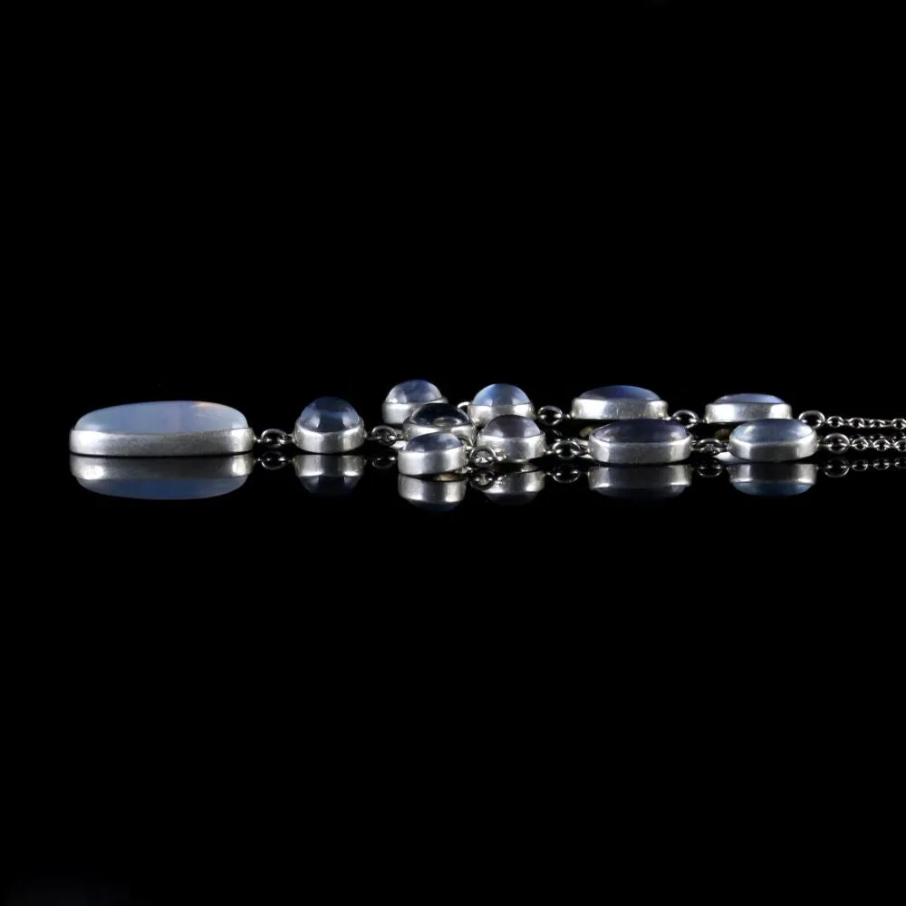 Antique Victorian Moonstone Dropper Necklace Silver Circa 1900