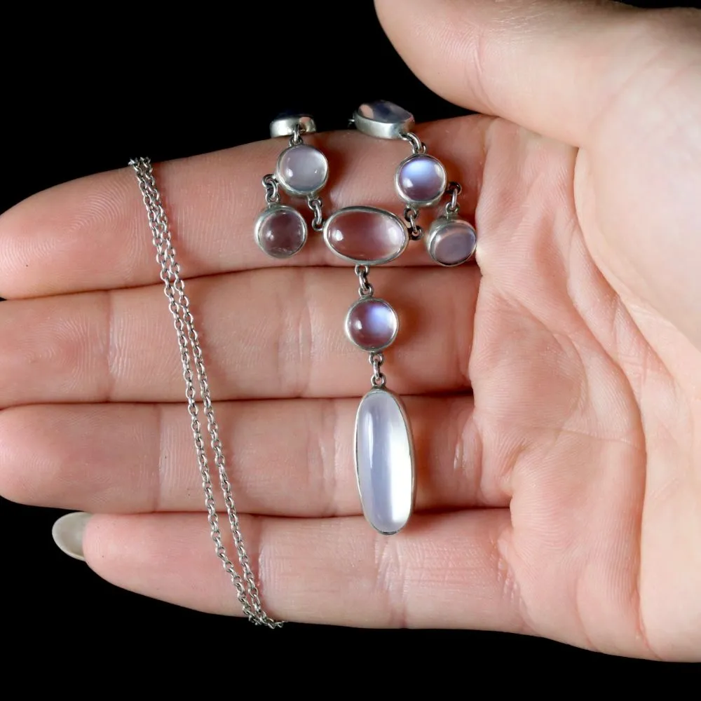 Antique Victorian Moonstone Dropper Necklace Silver Circa 1900