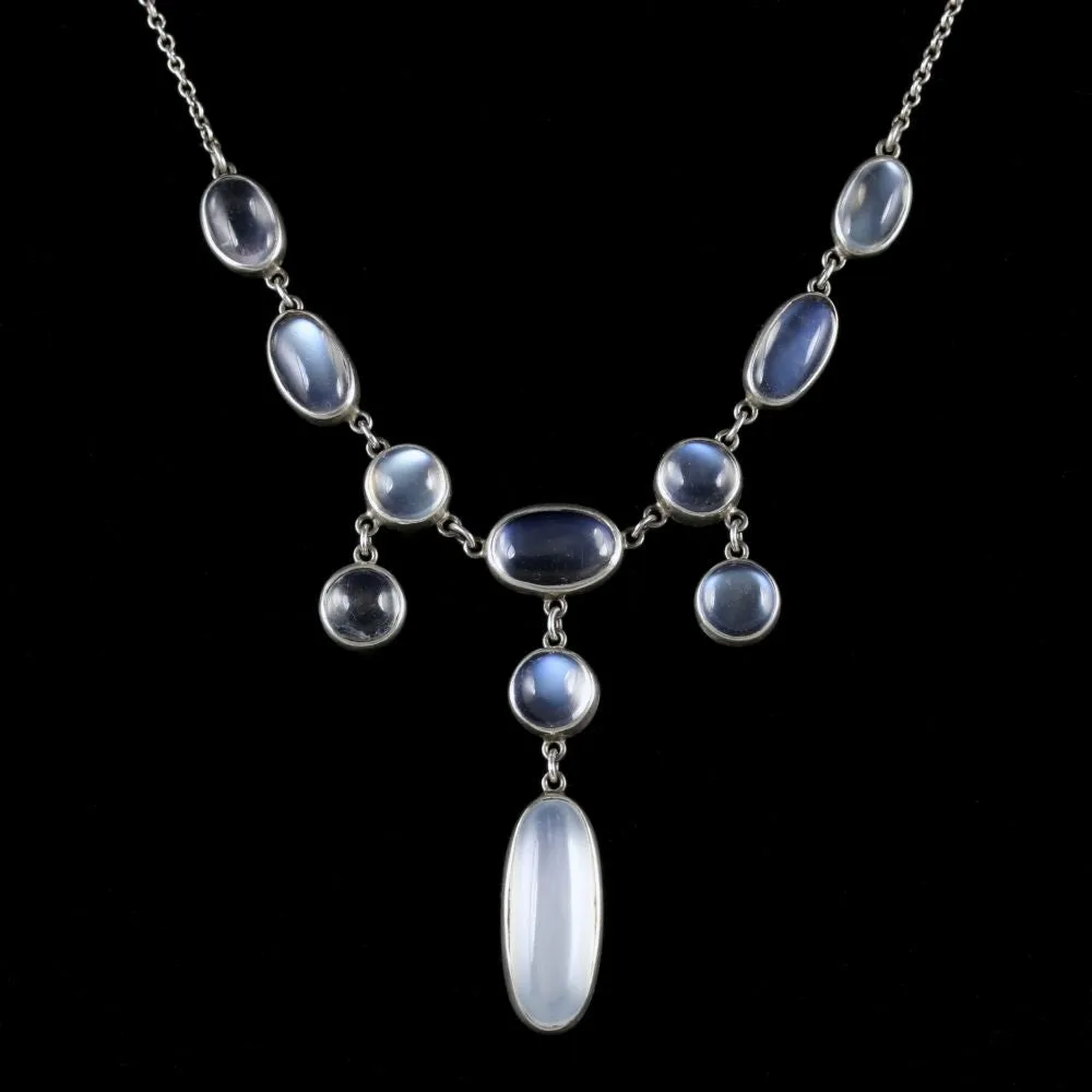 Antique Victorian Moonstone Dropper Necklace Silver Circa 1900