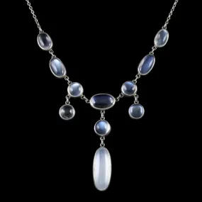Antique Victorian Moonstone Dropper Necklace Silver Circa 1900