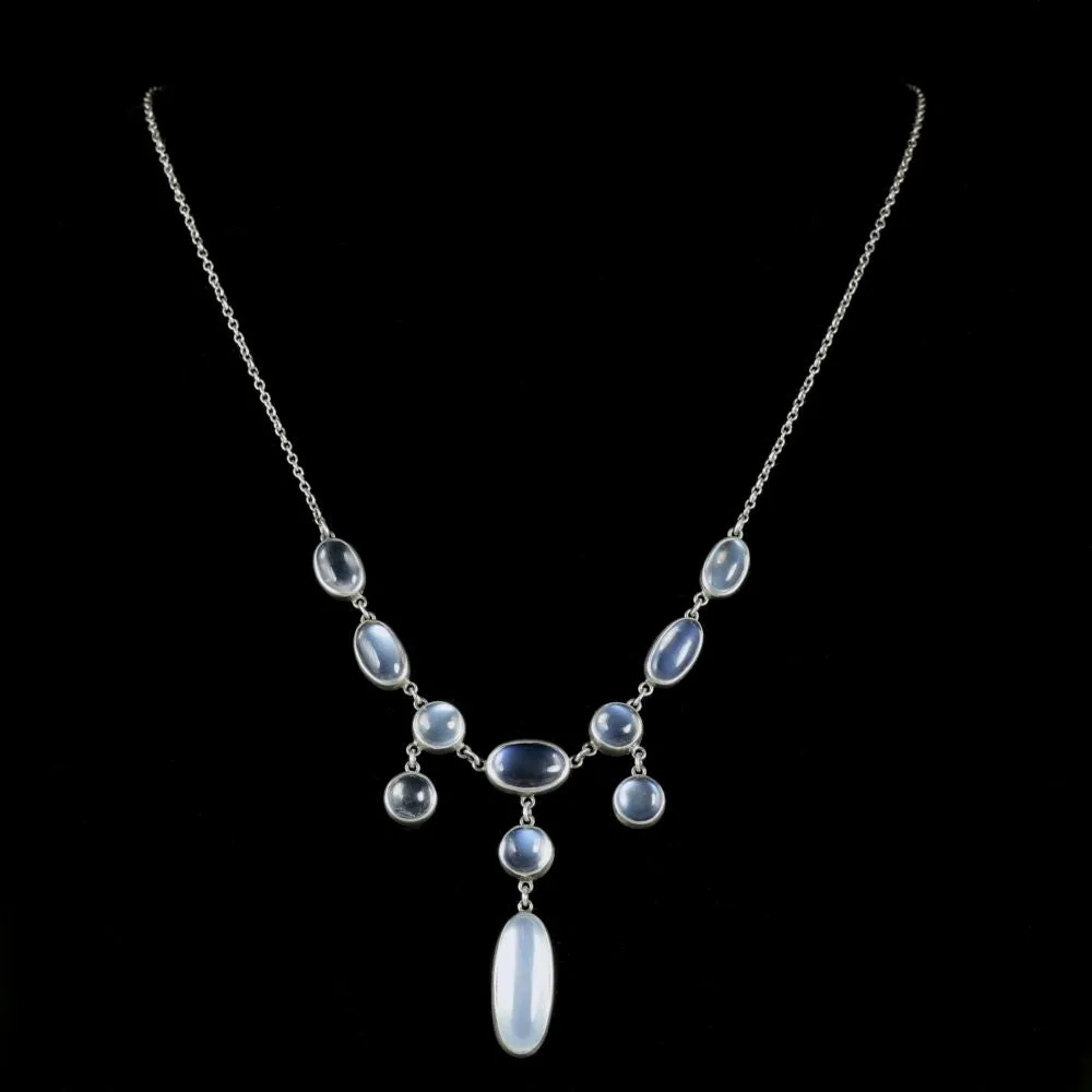Antique Victorian Moonstone Dropper Necklace Silver Circa 1900