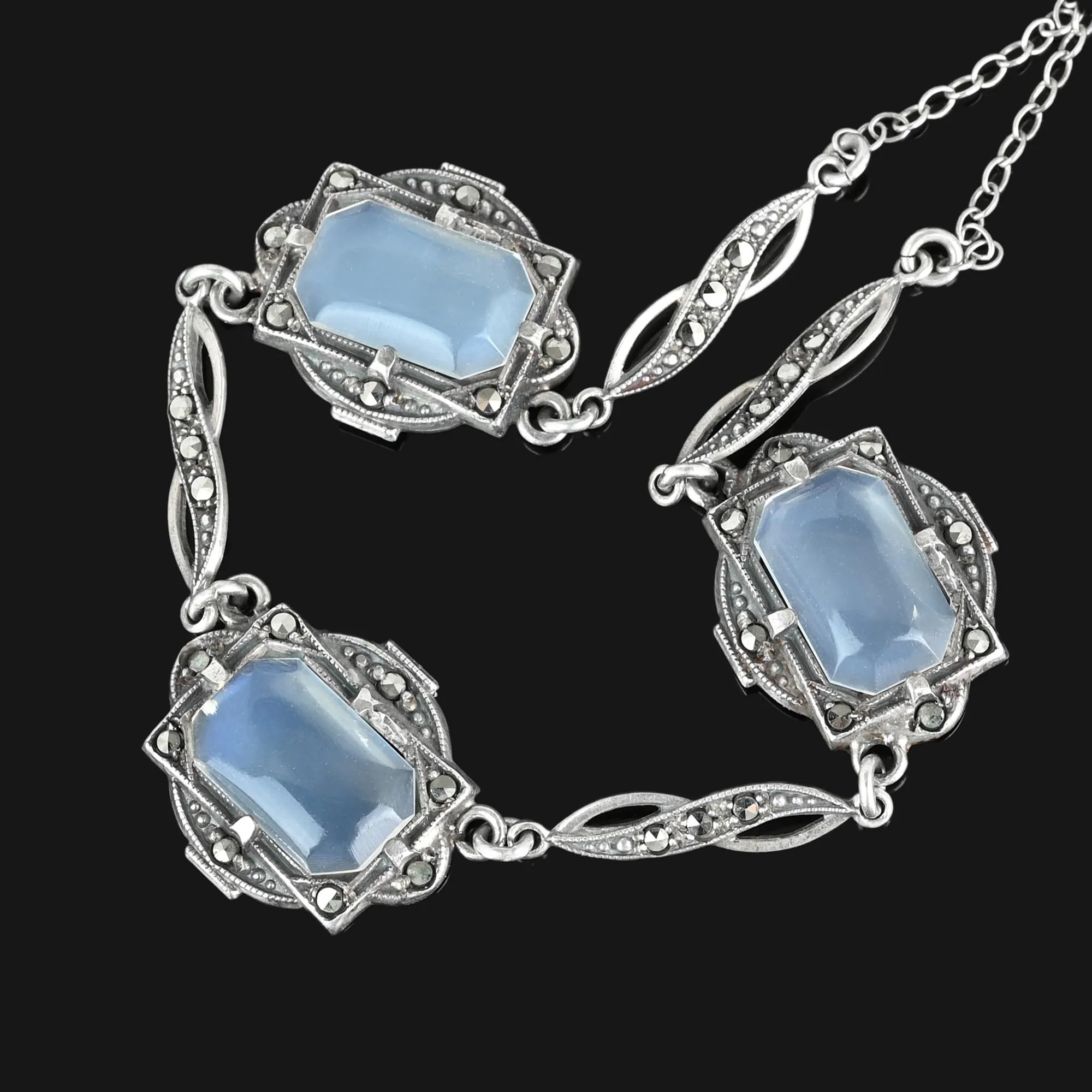 Art Deco Silver Marcasite Natural Moonstone Necklace