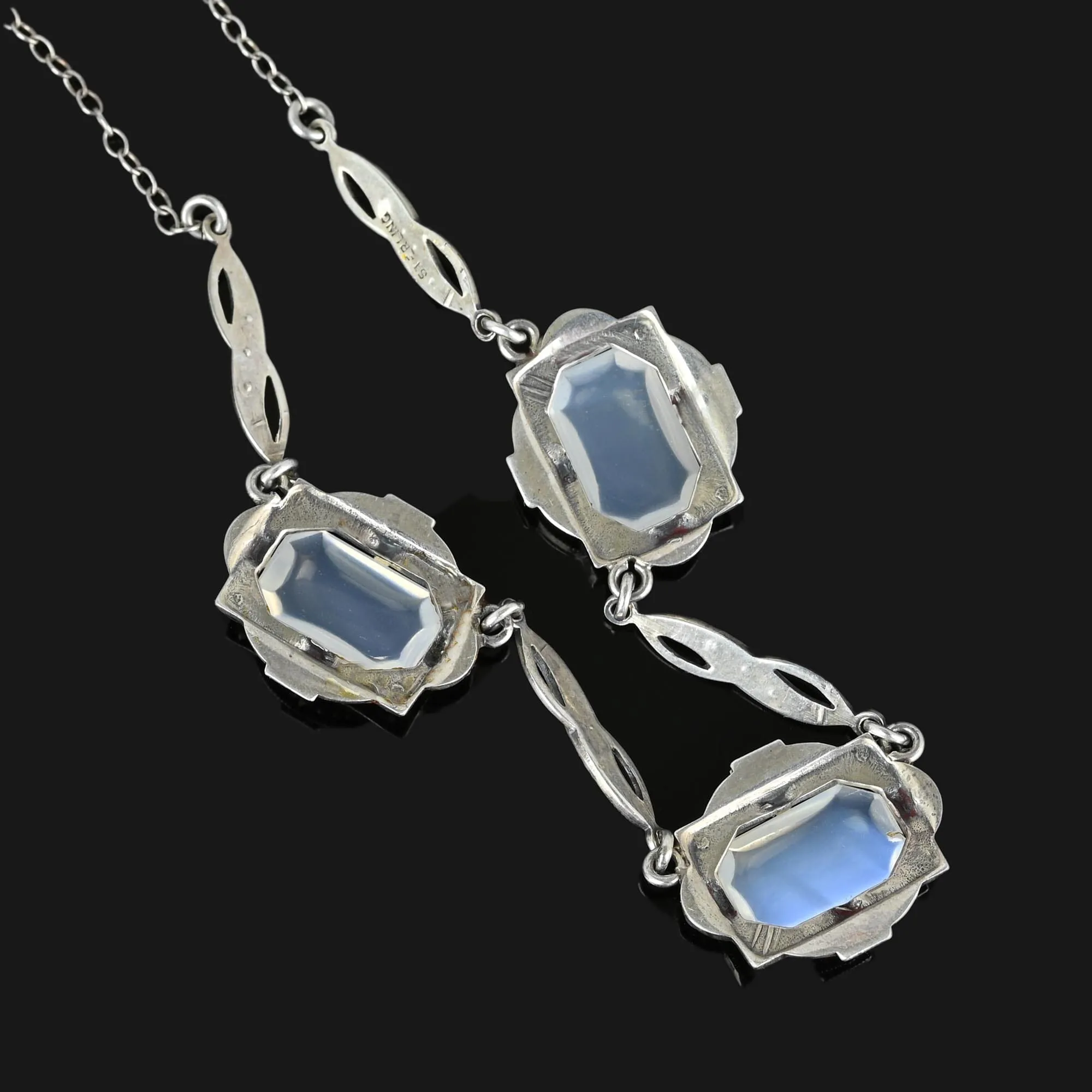 Art Deco Silver Marcasite Natural Moonstone Necklace