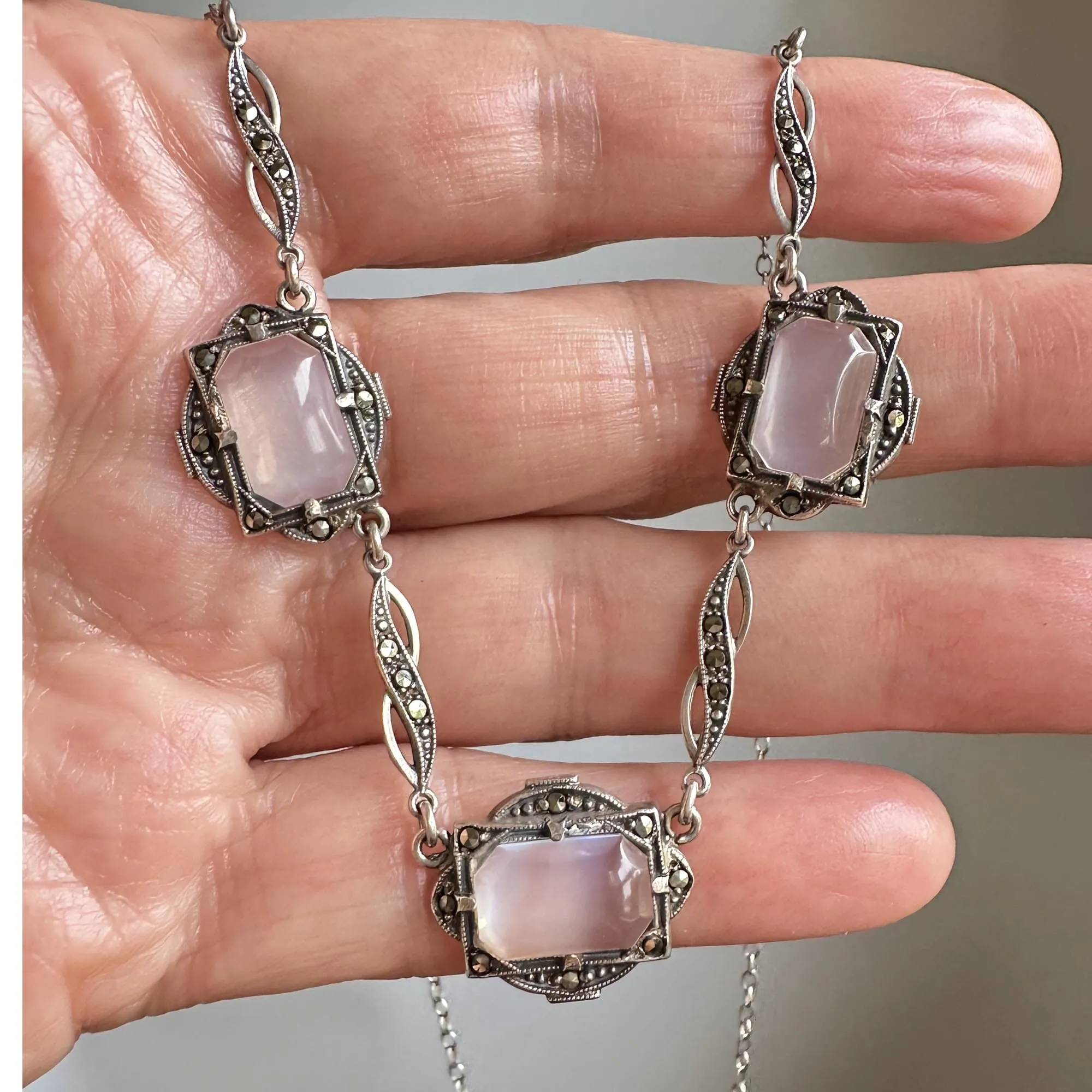 Art Deco Silver Marcasite Natural Moonstone Necklace