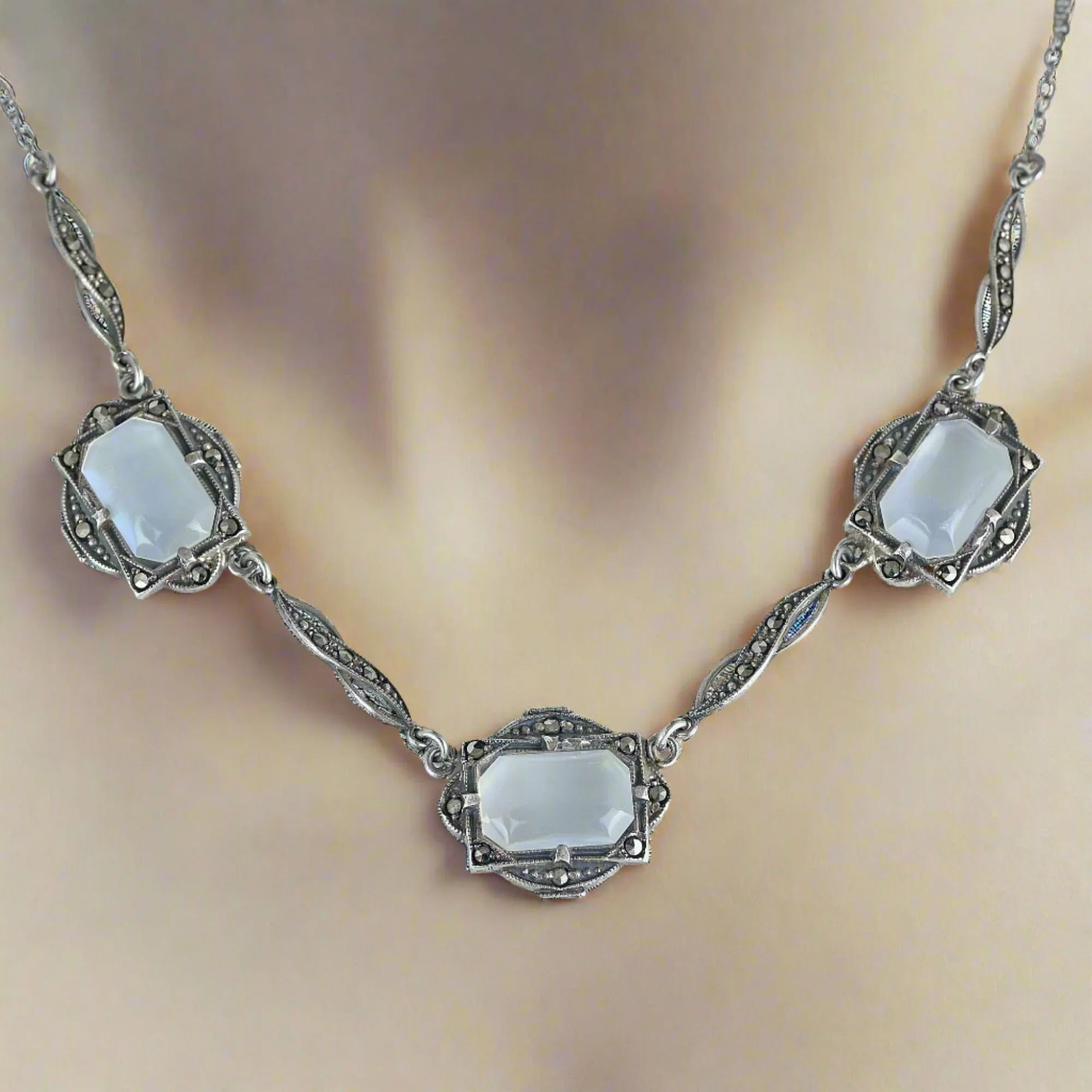 Art Deco Silver Marcasite Natural Moonstone Necklace