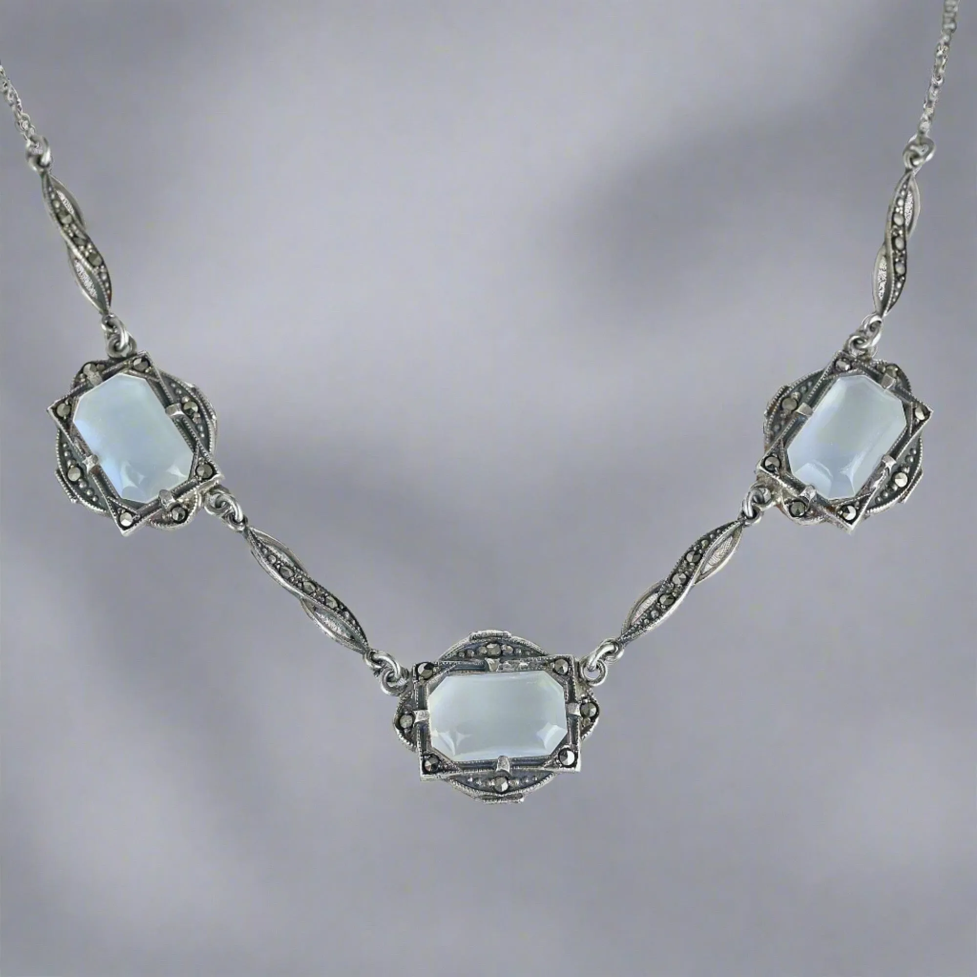 Art Deco Silver Marcasite Natural Moonstone Necklace