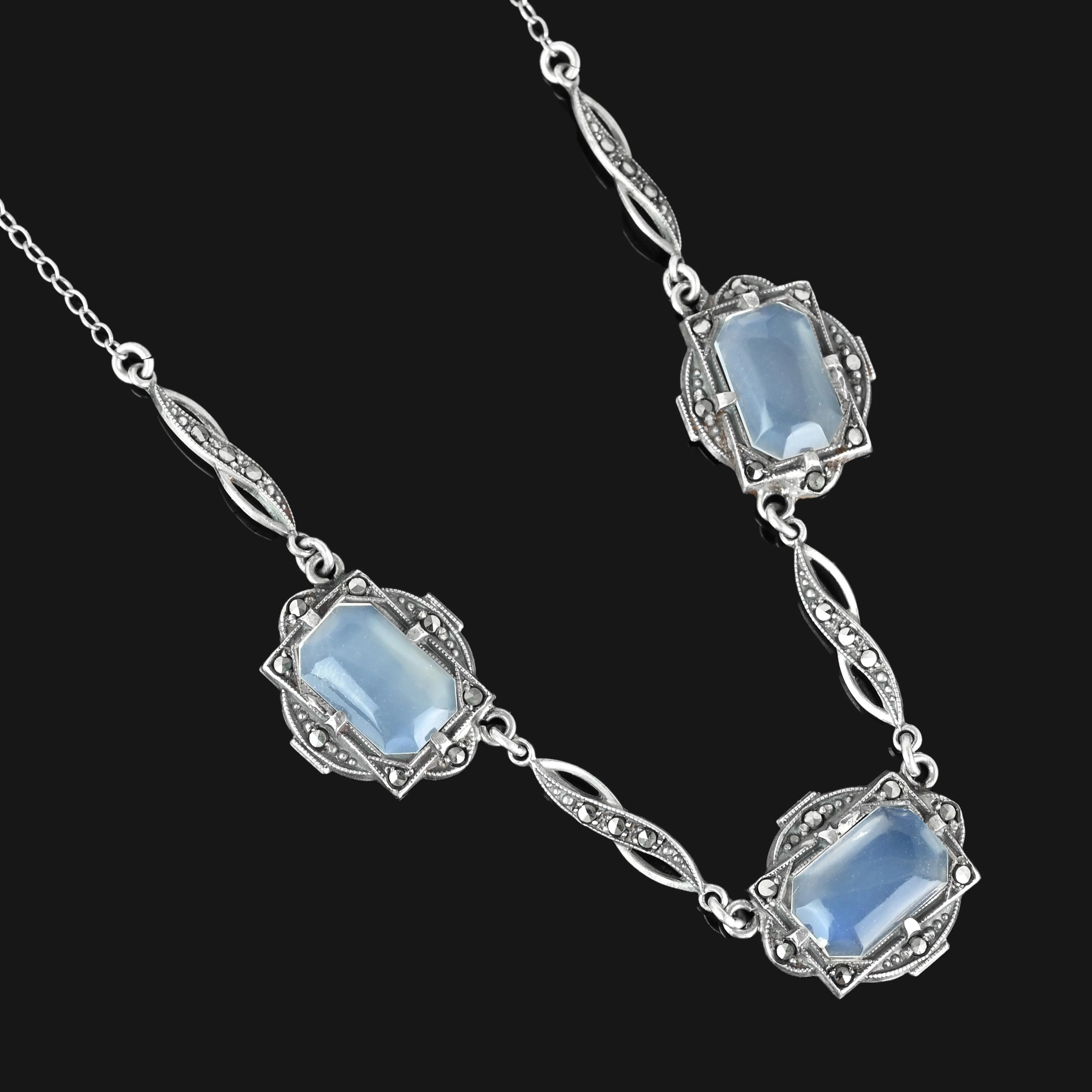 Art Deco Silver Marcasite Natural Moonstone Necklace